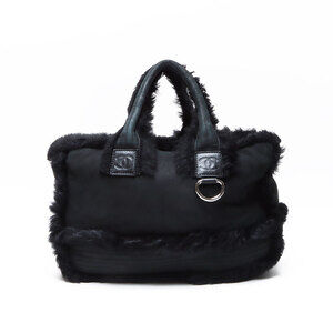 CHANEL Leather Coco Mark Sport Line 2007-2008 Mouton Tote Bag in Black WS12538